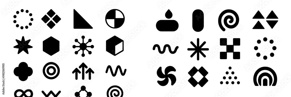 Poster collection of geometric shapes and patterns displayed in black and white on a simple background for 