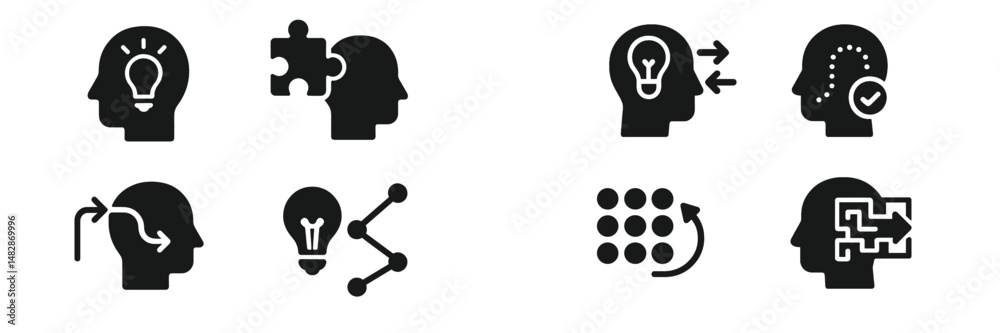 Poster Icon set representing various aspects of creative thinking and problem solving in a minimalist style