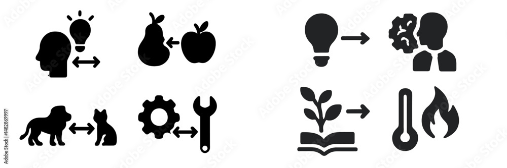 Aufkleber icons representing various concepts of interaction and transformation between objects, ideas, and li