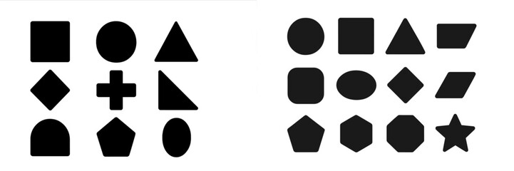 Various geometric shapes displayed in black on a white background showcasing different designs and forms for educational purposes