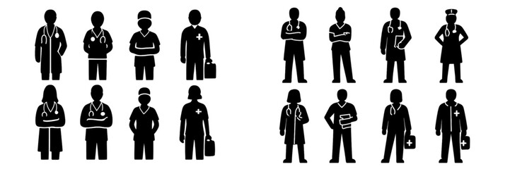 Silhouettes of diverse healthcare professionals engaged in various medical activities in a clinical setting