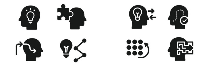 Icon set representing various aspects of creative thinking and problem solving in a minimalist style