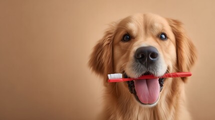 Adorable golden retriever holding a red toothbrush in its mouth. Cute dog with dental care concept for pet health advertising or blog content.