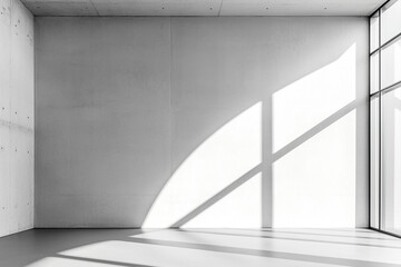 Obraz premium Sunlight filters through an empty concrete room, casting dramatic geometric shadows, enhancing the modern and tranquil ambiance of the minimalist space.