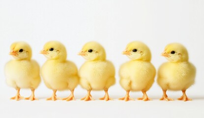 Naklejka premium Cute Yellow Chicks Standing in a Row on White Background
