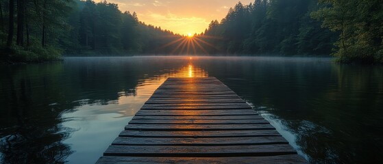 [Nature Retreats activities selfcare wellness] Lake Serenity at Sunset: Wooden Dock Reflects Vibrant Colors