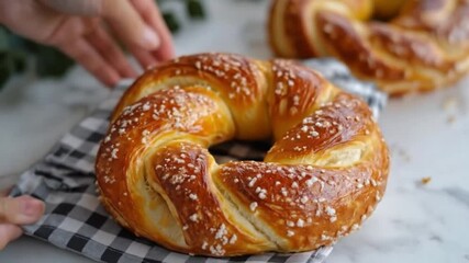 Golden pretzel ring on checkered cloth