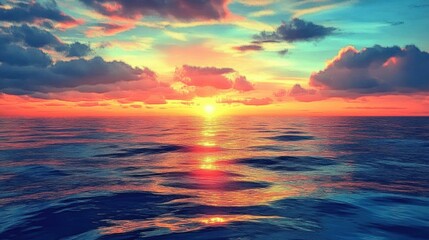 [Serene sunset over ocean landscape] Breathtaking Sunset Reflections: Serene Water Scene with Vibrant Sky
