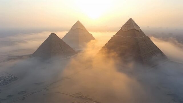 The giza pyramids rise majestically above a sea of fog, illuminated by the morning sun in egypt.