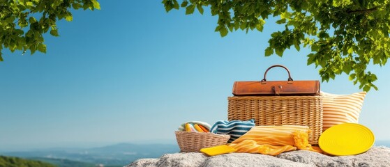 [Outdoor picnics supplies park] Picnic Basket on Seaside Oasis with Fresh Fruits & Breads Under Blue Sky Beach Scene
