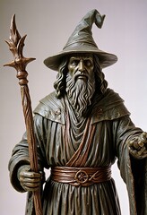 A sorcerer statue against a white backdrop.