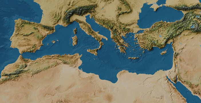 Mediterranean region map of land and ocean floor terrain with blended colors and satellite imagery (Southern Europe, North Africa, LCC projection)