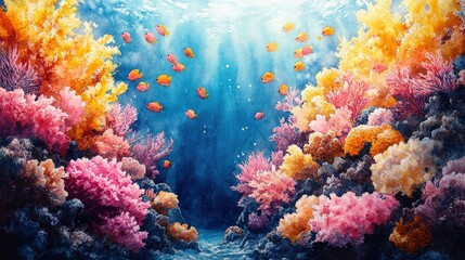 Obraz premium Vibrant coral reef teeming with life. Sunlight penetrates the water, illuminating colorful corals and fish