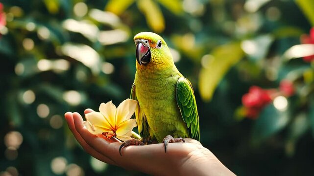 Colorful parrot eating on hand with vibrant flowers in tropical garden