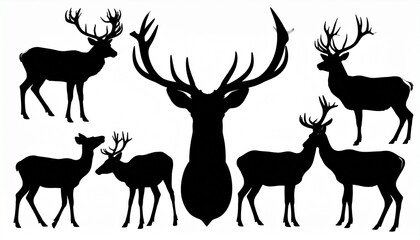 Naklejka premium deer, reindeer, antlers, buck, silhouette, vector, illustration, animal, wildlife, forest, nature, mammal, horn, stag, winter, christmas, wild, outdoors, head, profile, brown, horns, male, standing, b