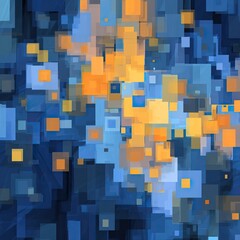 Abstract artwork featuring a dynamic composition of blue and orange squares of varying sizes and intensities, creating a sense of depth and movement
