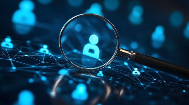 Magnifying Glass Over Digital Network Representing User Connections - Powered by Adobe