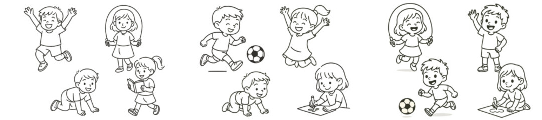 Children enjoying various playful activities outdoors during a sunny day