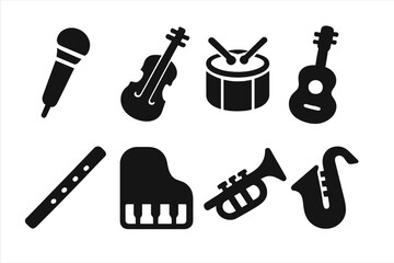 Black musical instrument icons arranged in a clean layout illustrating various types of musical expression and creativity