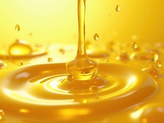 Splashes and drops of liquid oil. Fresh Olive or motor engine oil eco nature golden color close-up. Shine yellow Cosmetic oil or Cosmetic Essence Liquid drop. .