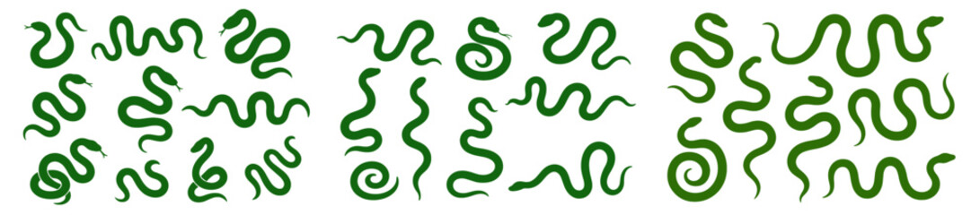 Green snake patterns showcasing various styles and shapes in a vibrant design arrangement