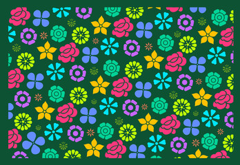 Bright and vibrant floral background pattern featuring colorful flowers and leaves. Perfect for spring designs, textiles, invitations, packaging, and cheerful decorative projects.