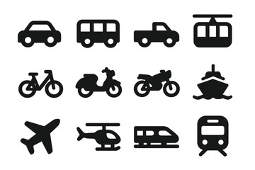 Different modes of transportation represented by various vehicle silhouettes in a simple design
