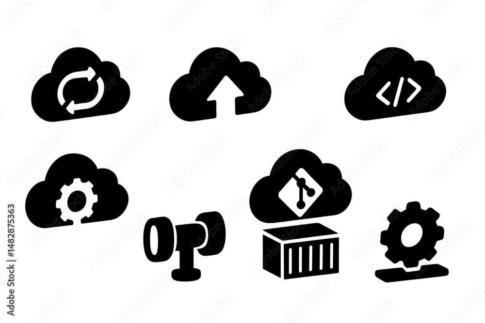 Poster various cloud computing icons representing different functionalities for technology applications