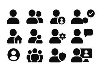 Various icons representing social interactions, user profiles, and group activities for digital platforms