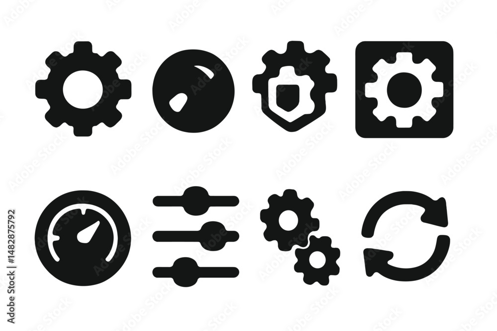 Poster various gear and control icons designed for use in digital applications, showcasing functionality an