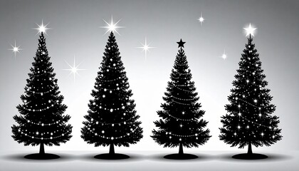 Fototapeta premium Black and White Christmas Tree Silhouette Vector Set with Festive Lights