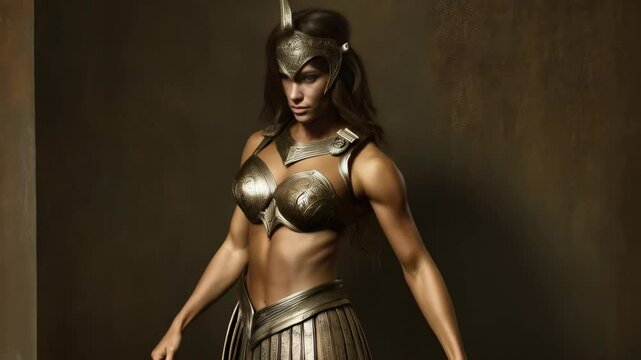 Warrior woman posing wearing ornate gold armor with breastplate, headpiece and bronze background, showcasing strength and fitness concept