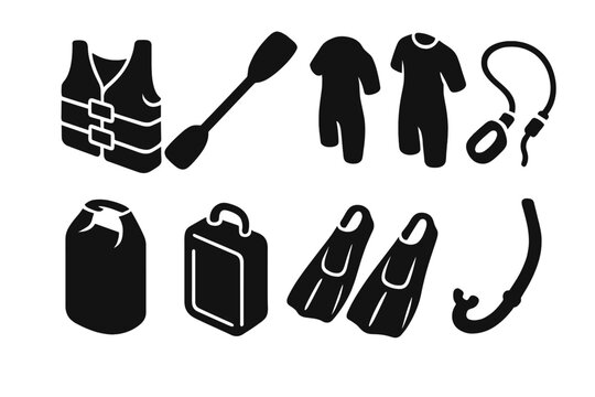 Safety gear and equipment for water activities displayed together in a single composition for outdoor enthusiasts