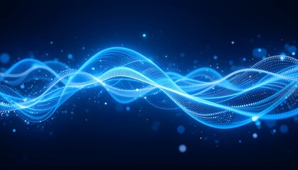 Futuristic Abstract Digital Waveform with Glowing Light Particles Representing Data Flow, Technology Signal Transmission, and High-Tech Connectivity in a Blue and Orange Color Scheme