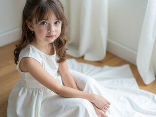 Naklejka premium Girl in a chic long dress sitting on the floor. White wedding dress on the bride's body. Beautiful light dress with a long hem, a portrait of a fragile delicate girl before the wed.