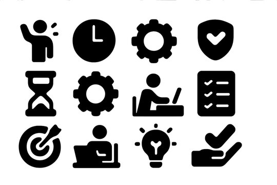 Icons representing time management, productivity, and task completion in a modern workspace setting