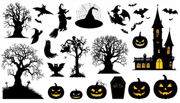 Collection of Halloween silhouettes. Haunted house, creepy tree, flying witch, pumpki