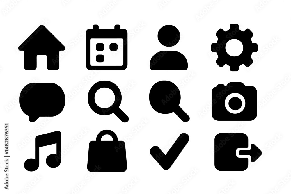 Poster collection of black icons representing common digital functions and tools for mobile or desktop inte