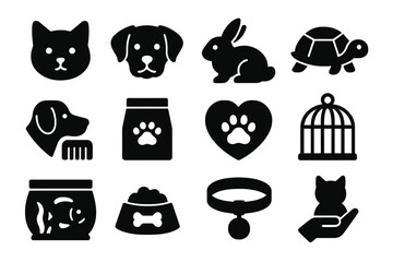 Pet icons representing various animals, food, and accessories in a simple design suitable for animal-related themes
