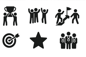 Celebrating teamwork and achievement through icons of success and motivation in a simplified graphic style