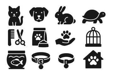 Diverse assortment of animal care icons highlighting pets, grooming tools, and habitats for various animals