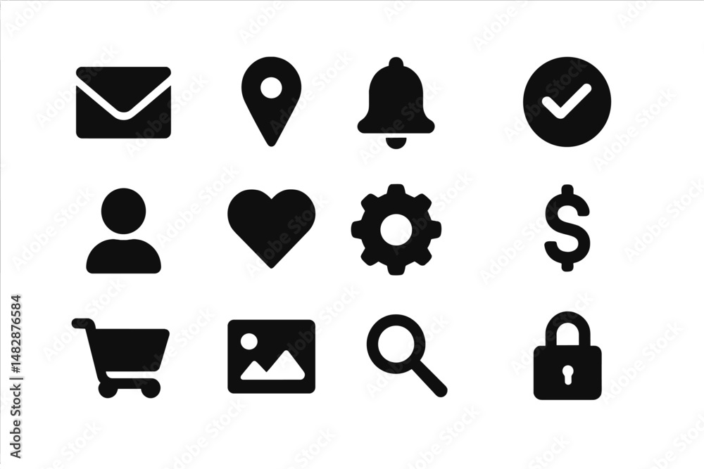 Poster collection of simple black icons representing various digital actions and concepts displayed on a cl
