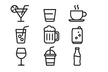 Different types of drinks including cocktails, beer, and coffee displayed in a simple design