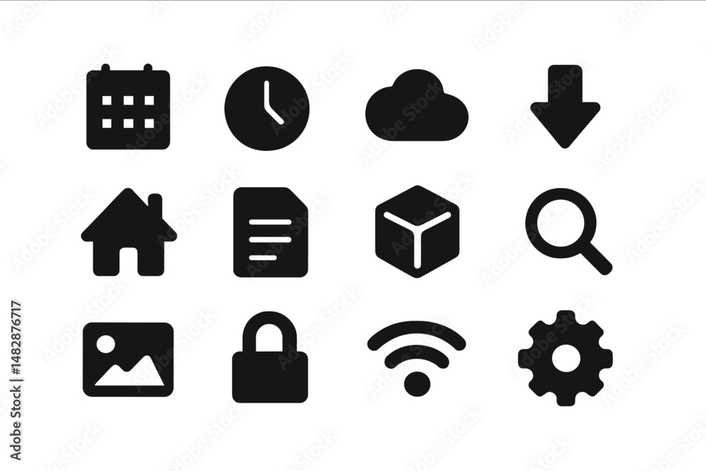 Poster collection of black icons representing various digital functions and features for user interface des