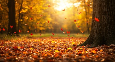 Magical Autumn Scene Butterflies Dancing Amongst Golden Fall Leaves and Sunlight