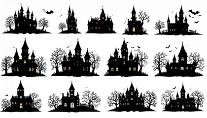 Naklejka premium Set of Silhouette Halloween Castle, Haunted houses or spooky village with trees. 