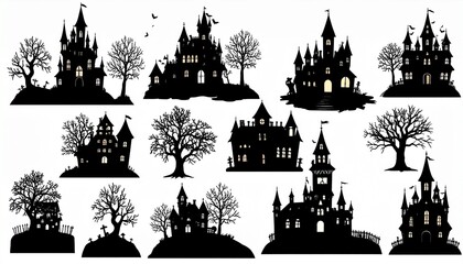 Fototapeta premium Set of Silhouette Halloween Castle, Haunted houses or spooky village with trees. 