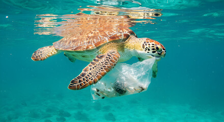 Fototapeta premium Green Sea Turtle Biting a Plastic Bag Underwater in Clear Blue Ocean Depicting Ocean Pollution