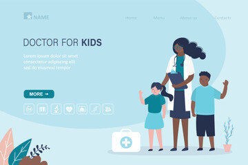 Pediatrician doctor or nurse examine small multi ethnic patients. Medical staff and children. Kids clinic, hospital, landing page template. Healthcare concept,