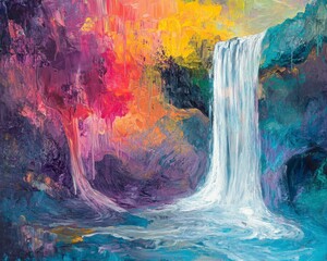 Vibrant Abstract Waterfall Amidst Colorful Trees in Nature Scene